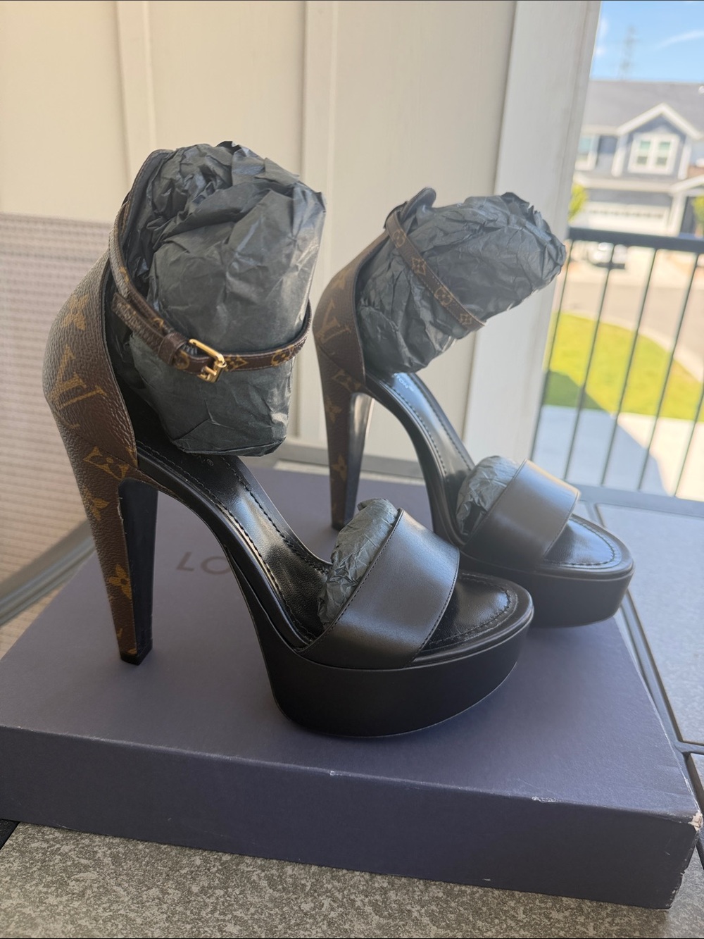 Louis Vuitton Black Leather Platform Sandals with Monogram Heel and Gold Buckle